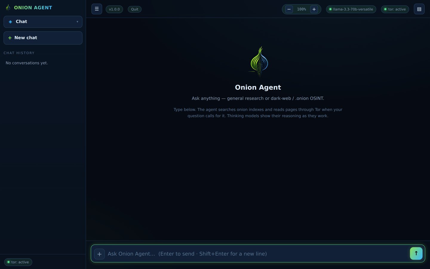 Onion Agent running: sidebar with chat history, a Tor status indicator reading active, and the selected model shown in the top bar.